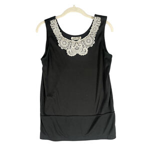 Vintage 90’s Victoria Jones Black Tank Top White Lace Crochet Collar Small